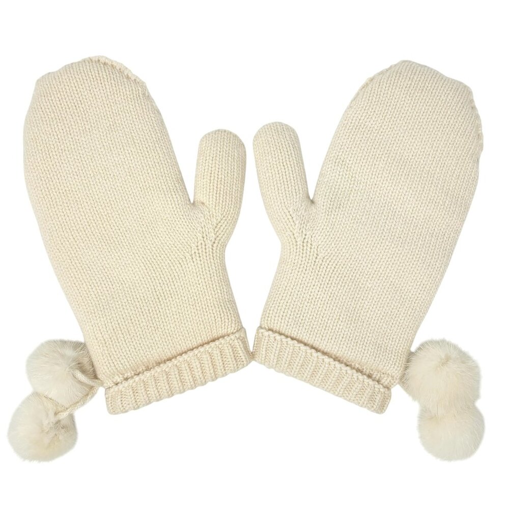 LOUIS VUITTON Vintage LV Logo Knit Gloves Mink Pompons  Cream Cashmere [103888] - Picture 5 of 10